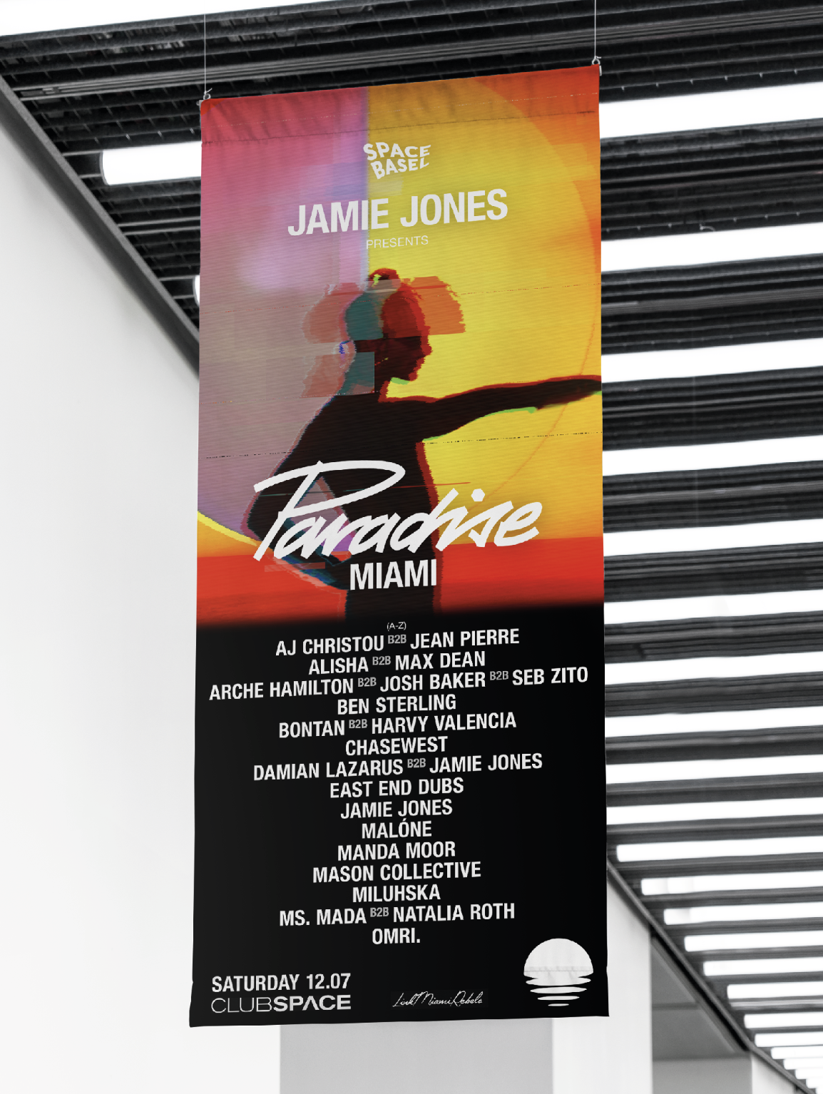 Billboard promoting Jamie Jones presents Paradise Miami, featuring a colorful graphic design on a sleek black background with a complete A-to-Z DJ lineup for the upcoming electronic music event.