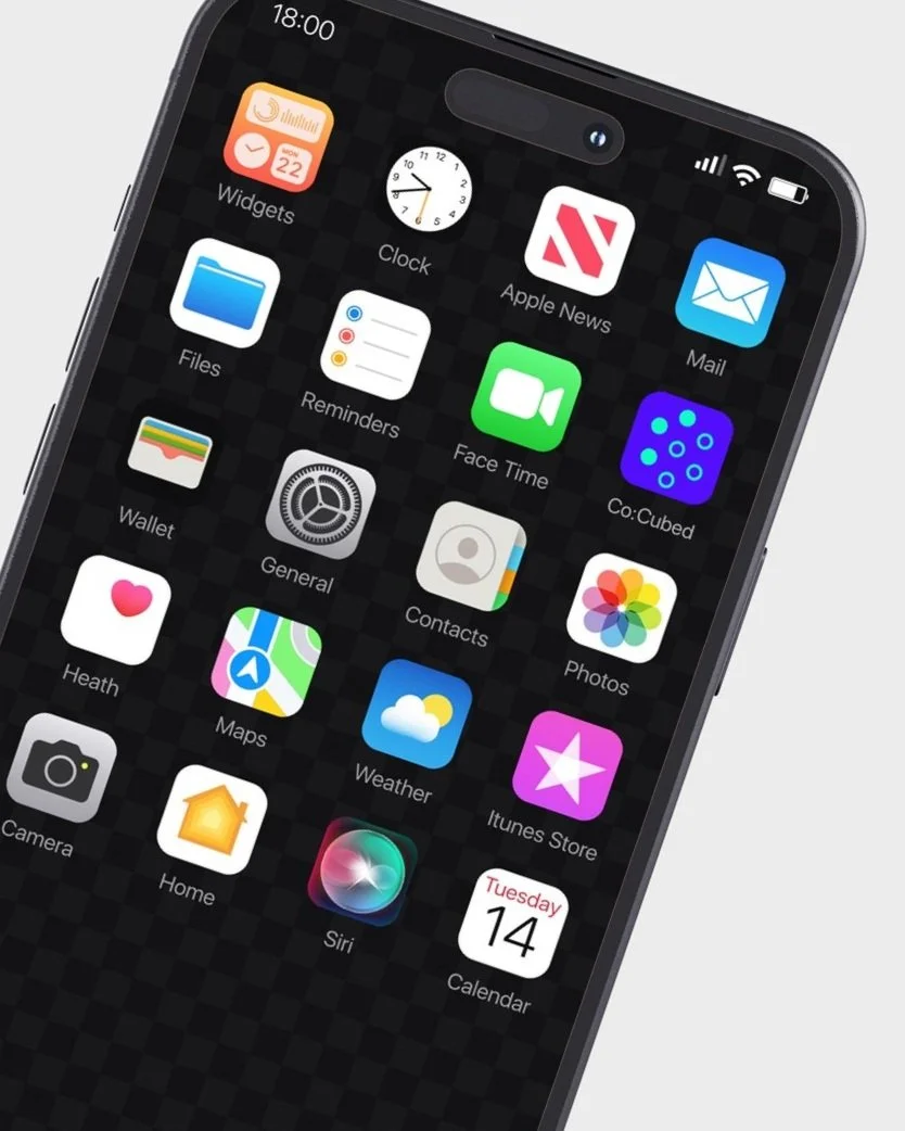 Front view of the CoCubed app displayed on an iPhone home screen.