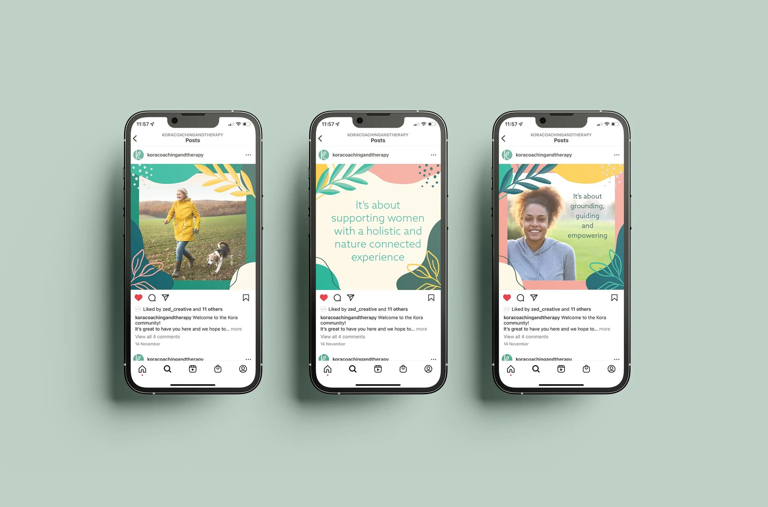 Three Kora social media post mockups displayed on a smartphone screen, featuring empowering quotes and photos of women to reinforce brand identity.