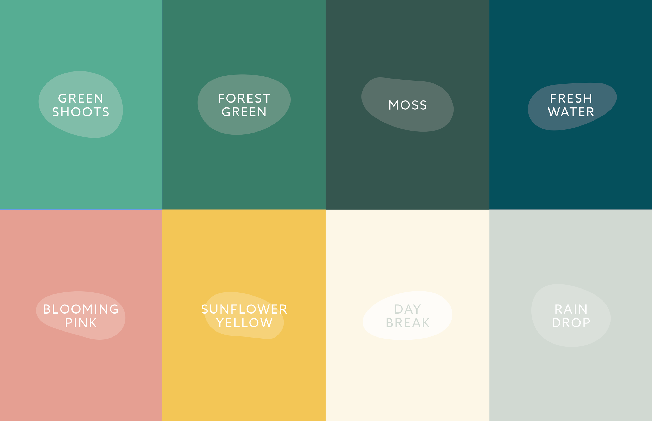 Kora brand color palette displaying eight shades: Green Shoots, Forest Green, Moss, Fresh Water, Blooming Pink, Sunflower Yellow, Day Break, and Raindrop.
