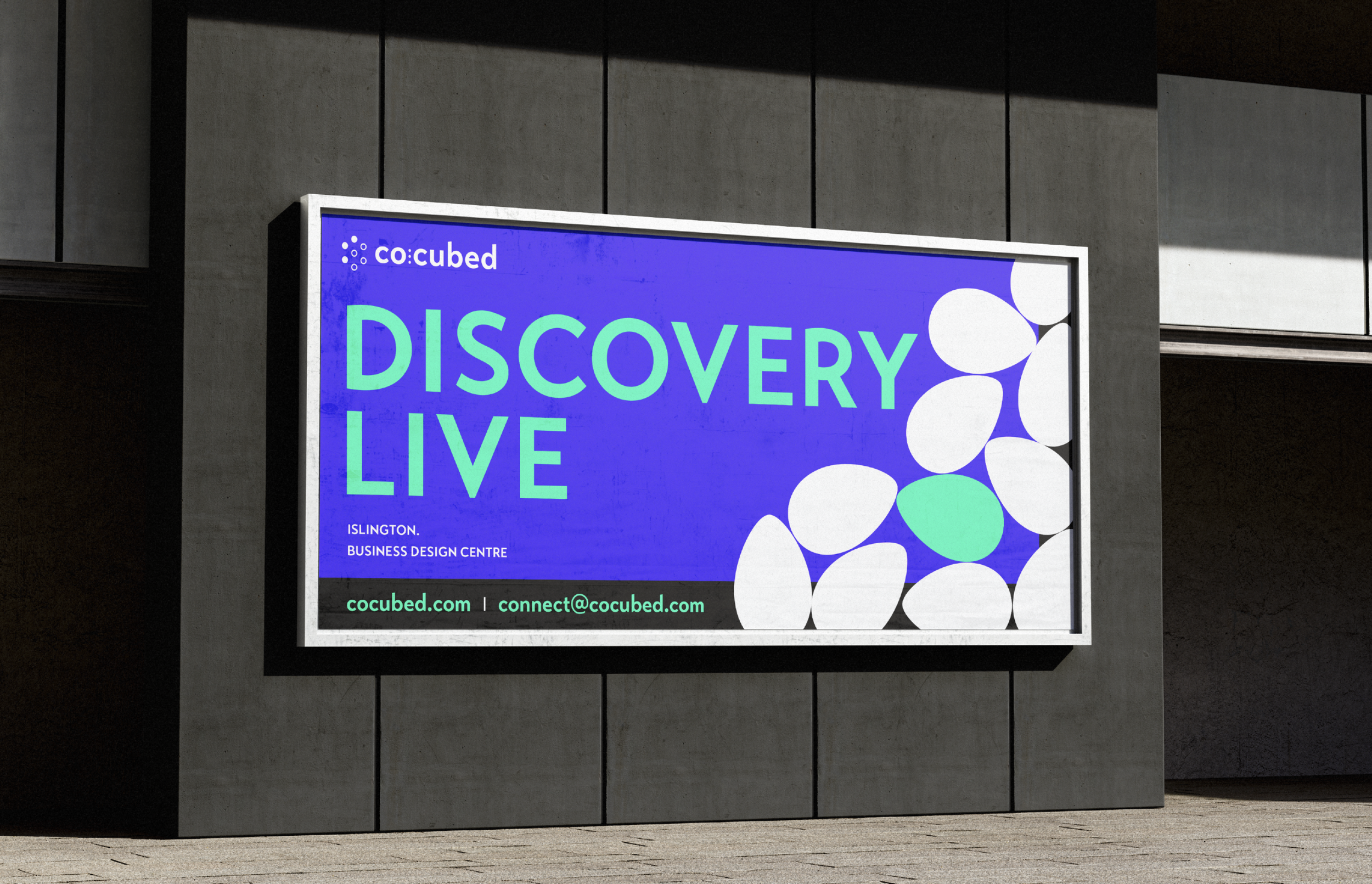 CoCubed billboard promoting ‘Discovery Live’ event at the Islington Business Design Centre.