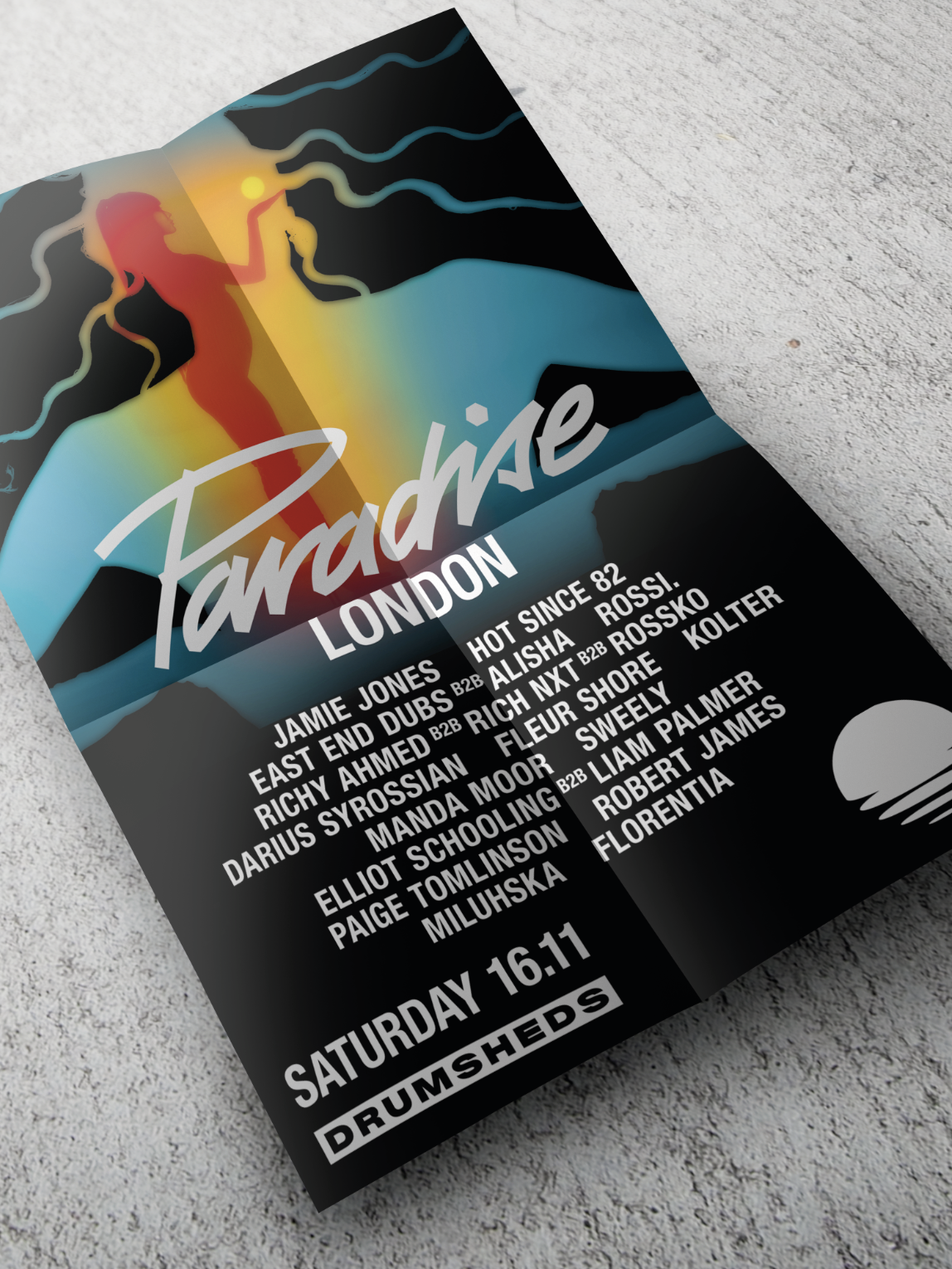 Leaflet promoting Jamie Jones presents Paradise London at Drumsheds, featuring a vibrant and colorful graphic design with complete DJ lineup details for the club night.