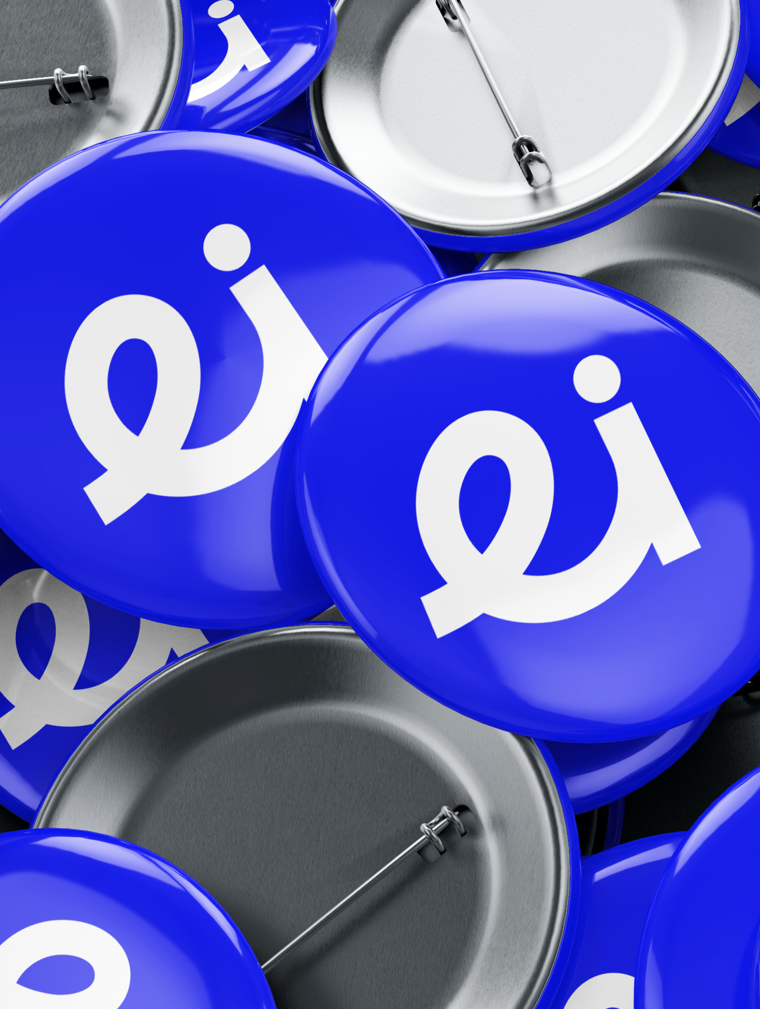 A bright blue pin badge featuring the einnovate logo on the front in white.