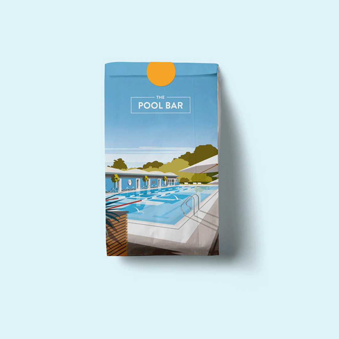 Looping animation of a white travel mug with a blue lid labeled 'The Pool Bar', followed by a cone of chips in a white wrapper with ketchup and mayonnaise on the side, ending with a takeaway bag featuring an illustration of the Hurlingham pool.