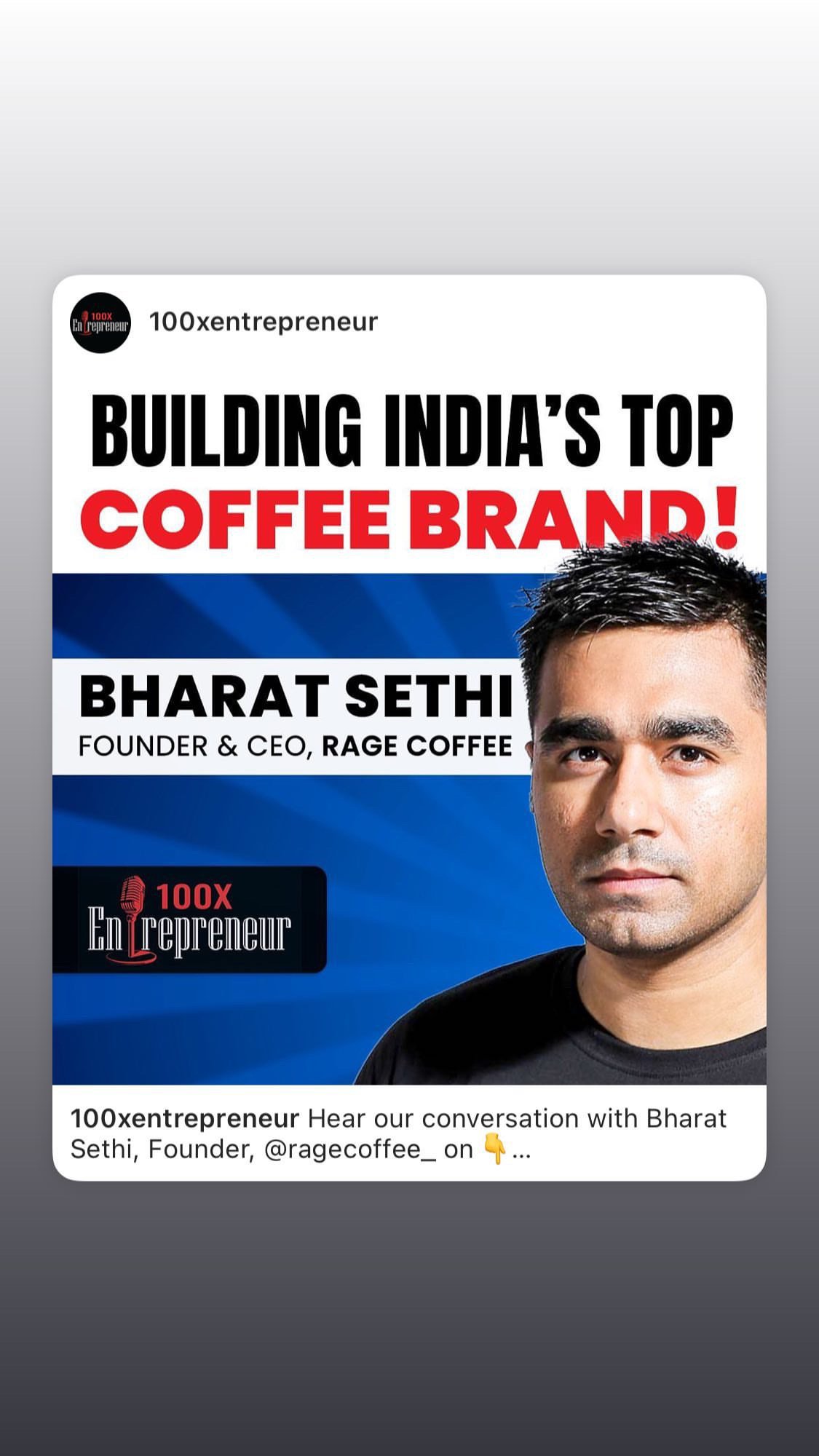 A promotional poster for an interview with Bharat Sethi, founder and CEO of Rage Coffee, about building India's top coffee brand, featuring his portrait and bold text.
