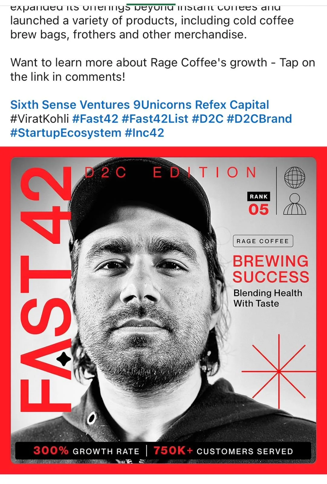 A black and white portrait of a man wearing a cap, with bold red text around him reading "FEAST 24," and additional red and black text emphasizing Brew Success, blending health with taste, and highlighting growth and customer reach.