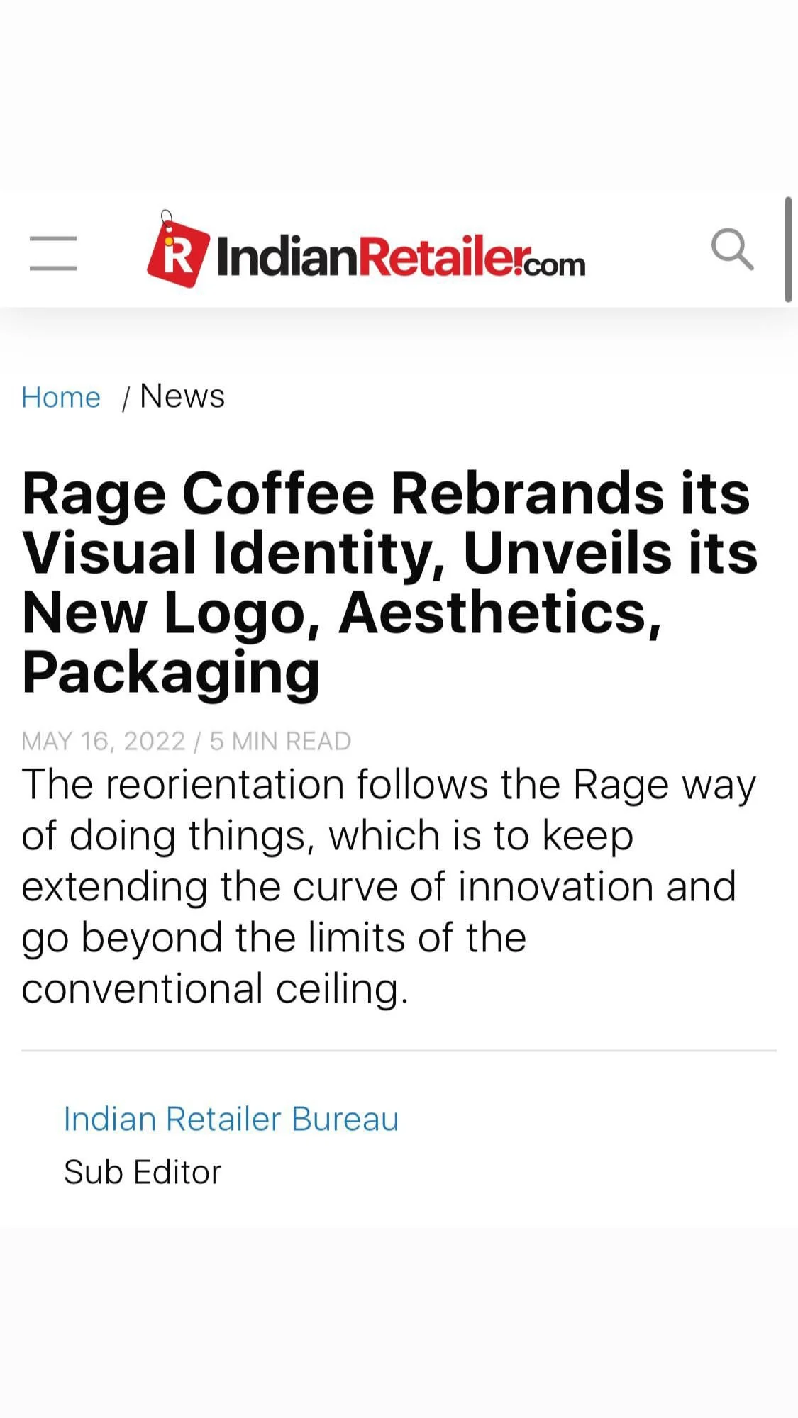 Screenshot of a news article from IndianRetailer.com with the headline about Rage Coffee rebranding its visual identity, logo, aesthetics, and packaging, dated May 16, 2022.