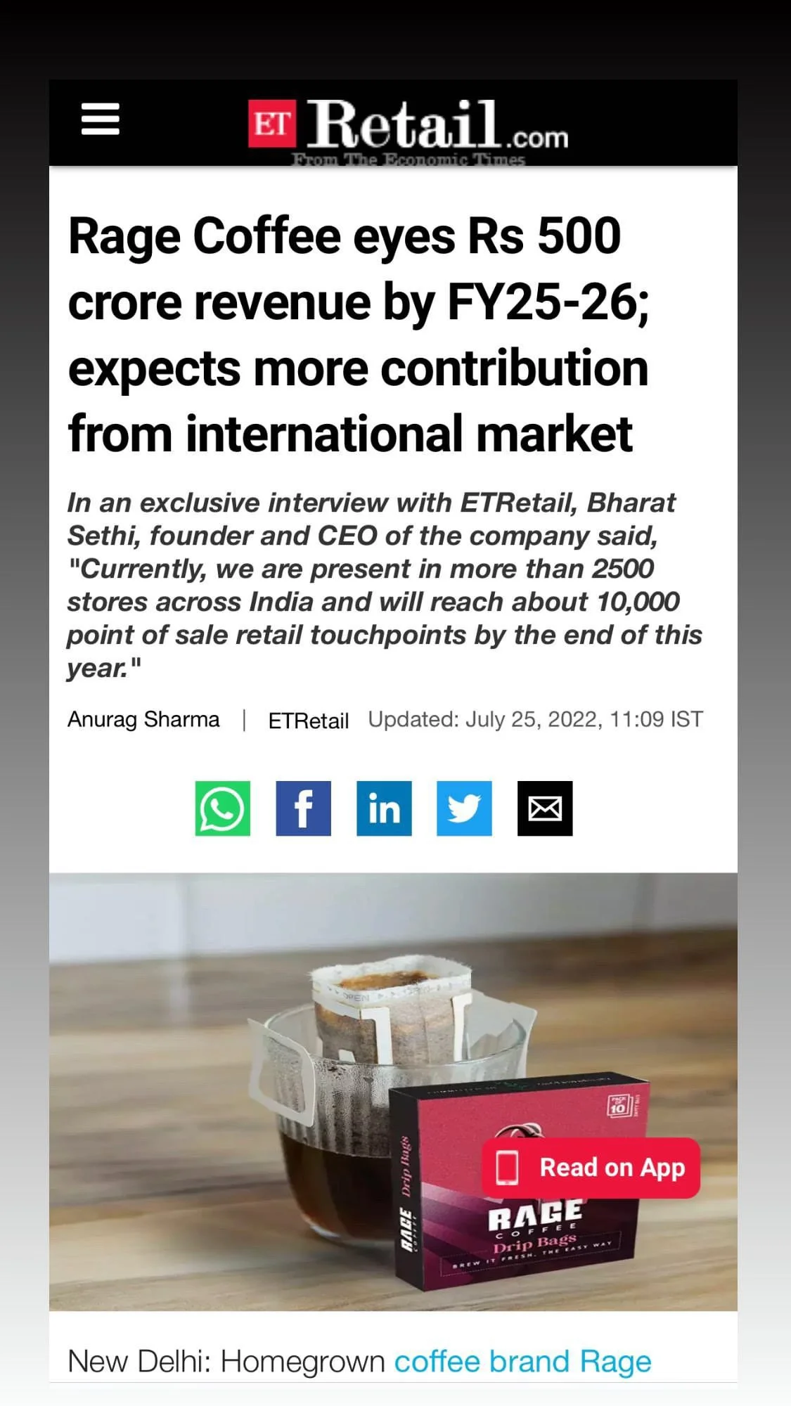 Screenshot of a news article from ET Retail about Rage Coffee, showing a cup of drip coffee and a box of Rage Coffee drip bags on a wooden surface.