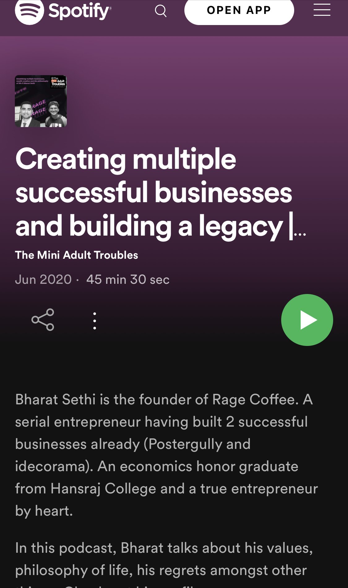 Spotify podcast page featuring episode titled 'Creating multiple successful businesses and building a legacy' from June 2020, duration 45 minutes and 30 seconds, with a description of Bharat Sethi's entrepreneurial journey.