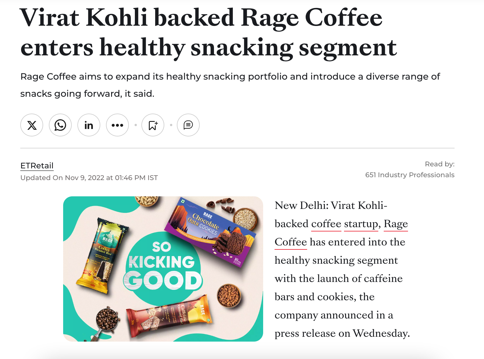 A promotional photo of Rage Coffee’s new healthy snack lineup, featuring coffee bars, cookies, and other snack bars with the text "So Kicking Good" in the center.