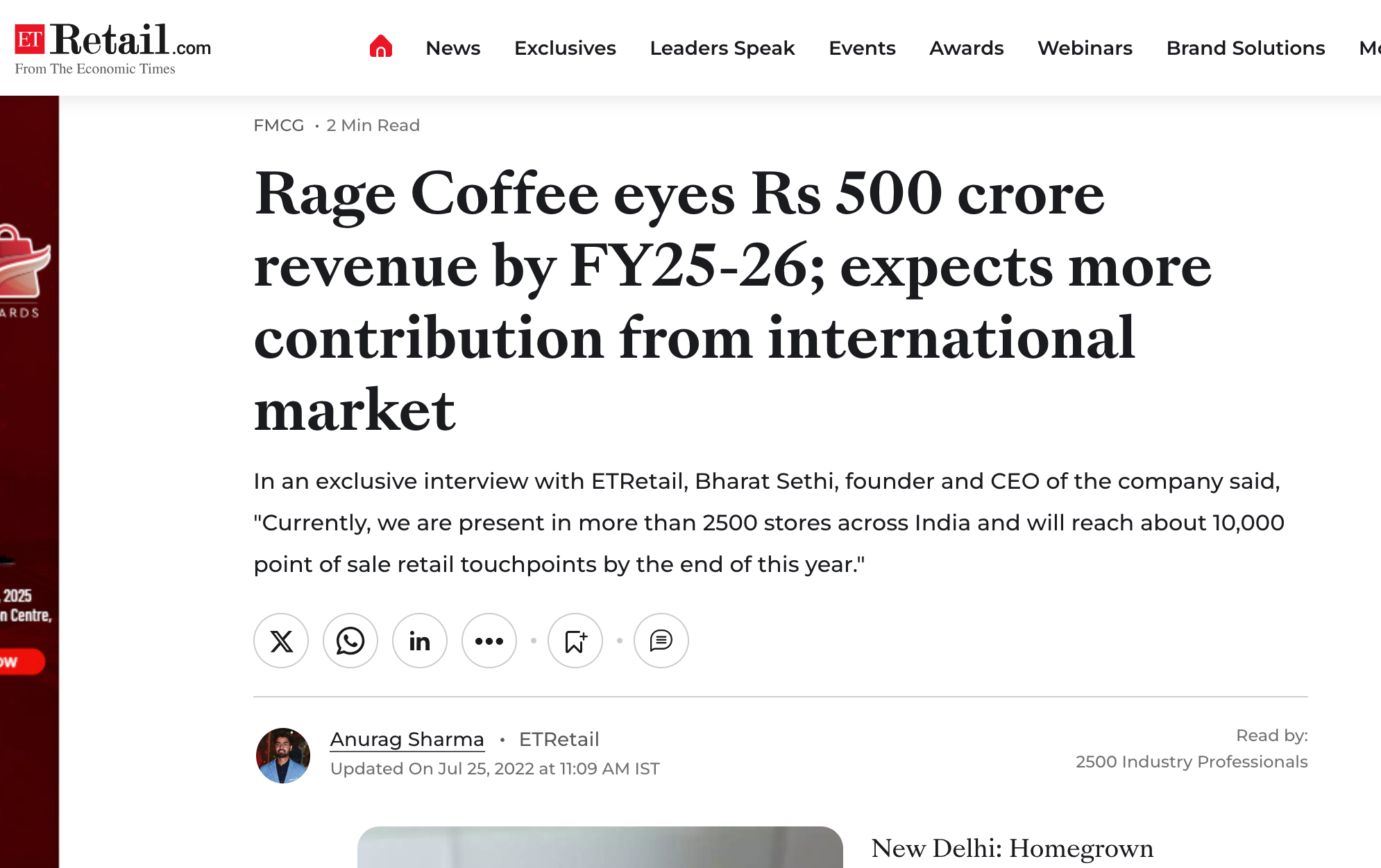Screenshot of a news article from ET Retail about Rage Coffee's revenue expectations for FY25-26 and its international market contributions.