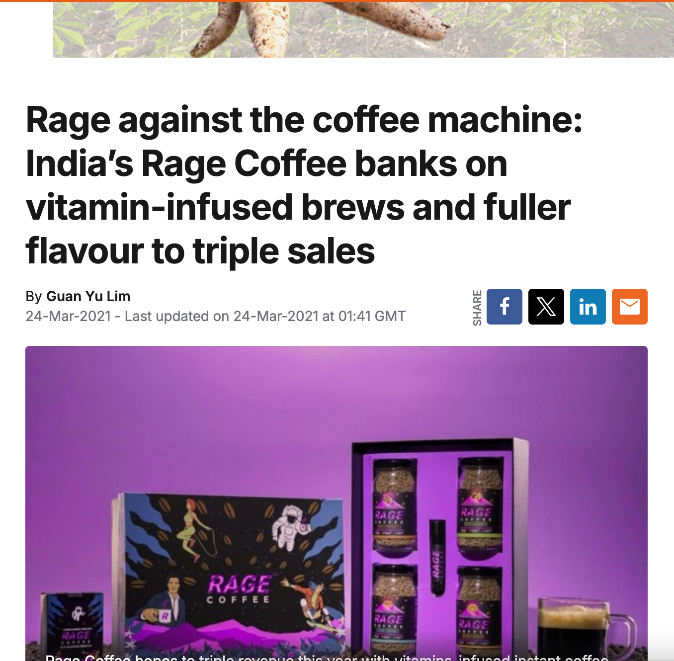 Rage Coffee product packaging and jars of coffee with purple background.