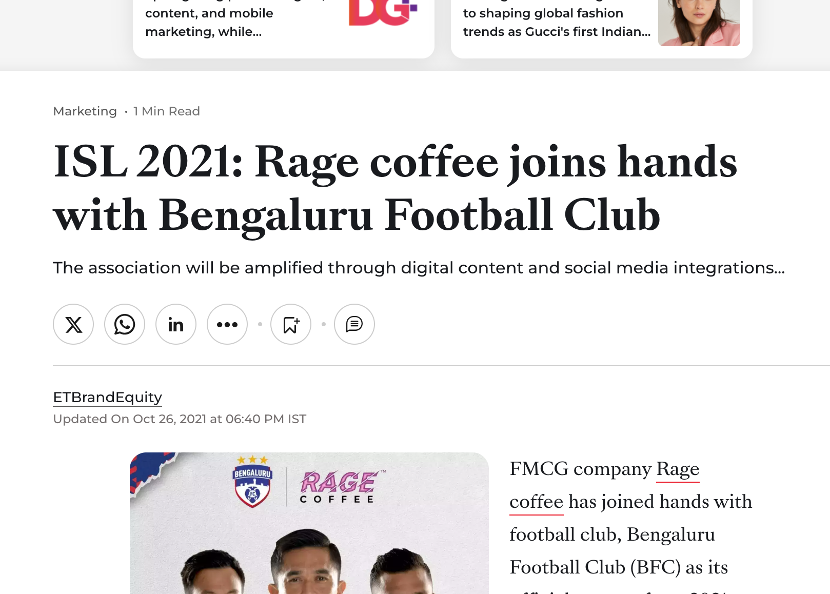 Part of a news article webpage with the headline 'ISL 2021: Rage coffee joins hands with Bengaluru Football Club', showing a partial view of a photo of football players and logos of Bengaluru FC and Rage Coffee.