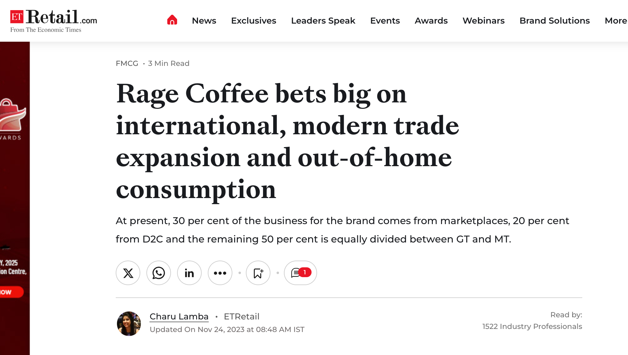 Screenshot of a news article on ET Retail website with the headline: 'Rage Coffee bets big on international, modern trade expansion and out-of-home consumption', list of social sharing icons, author Charu Lamba, and publication date November 24, 2023