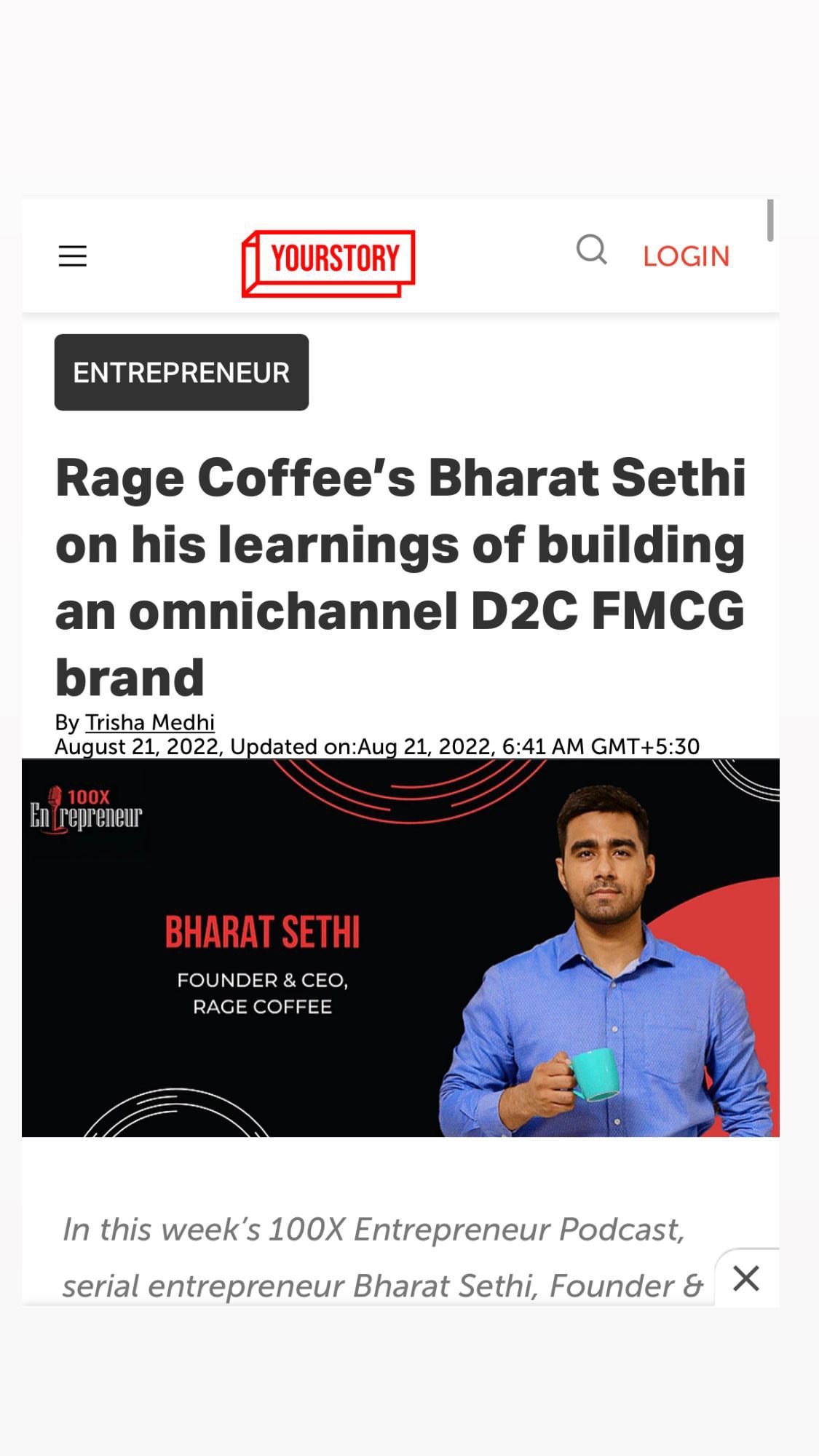 Screenshot of an online article featuring Bharat Sethi, founder and CEO of Rage Coffee, holding a turquoise coffee mug, with a black and red background.