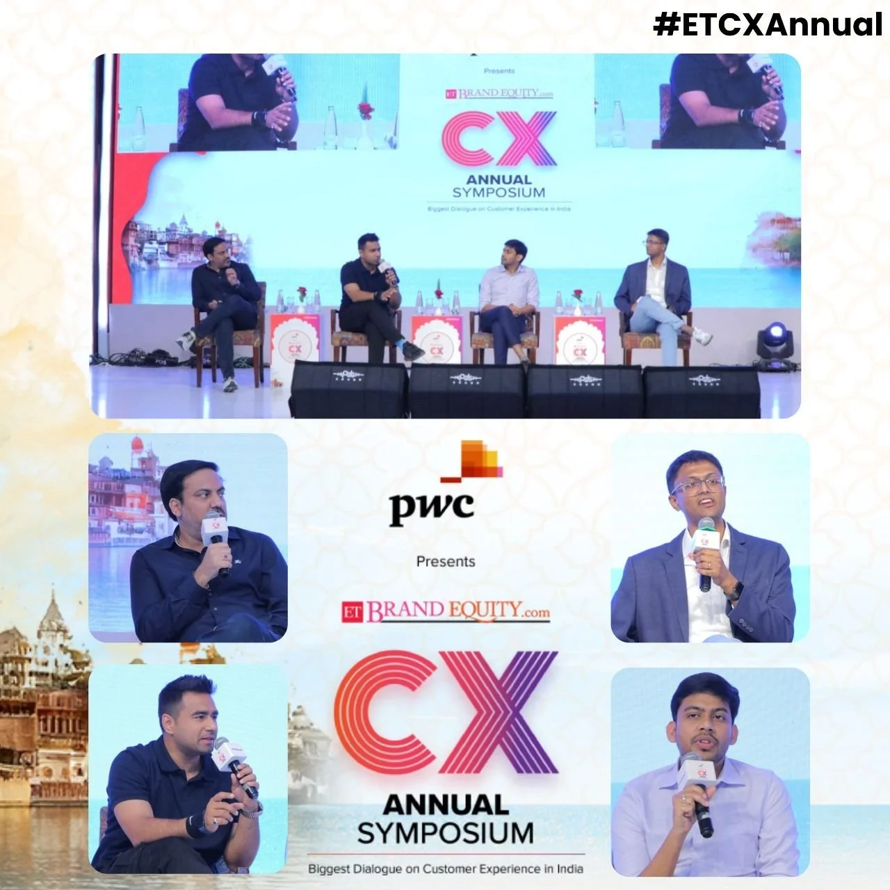 Group of four men seated on stage during a panel discussion at the CX Annual Symposium, with a large screen behind them displaying the event logo and sponsors including PwC and ET Brand Equity.