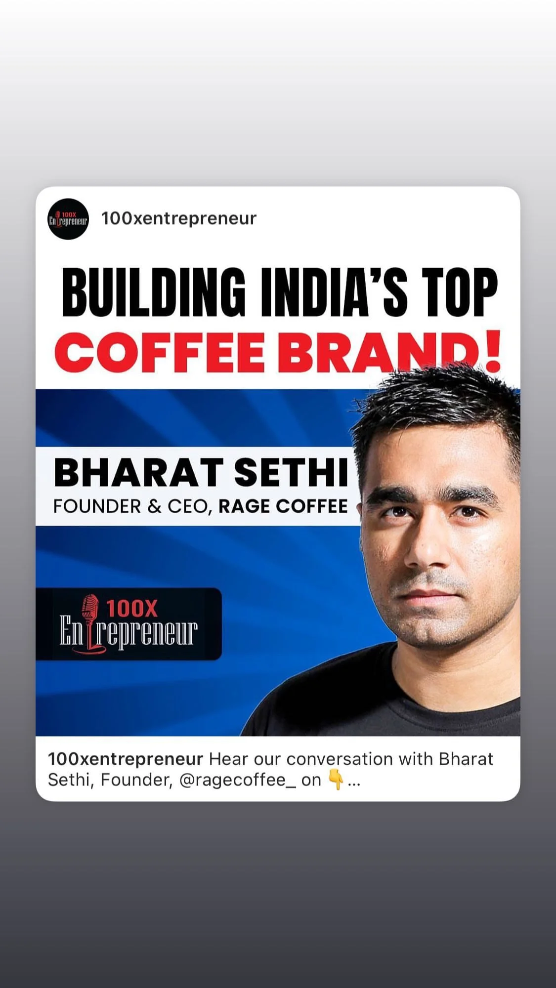 Promotional poster featuring a portrait of Bharat Sethi, founder of Rage Coffee, with text promoting his interview about building India's top coffee brand. The poster has a blue background with bold black, red, and white text.