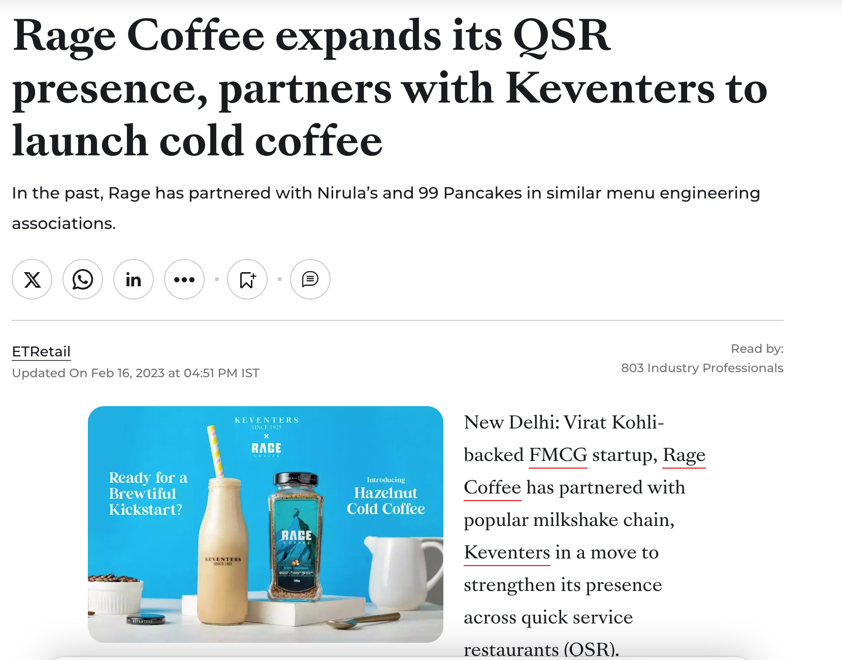 Blue advertisement featuring bottles and packaging of Rage Cold Coffee, with text promoting it as a cold brew coffee option, alongside a spoon and small bowl on a white surface.