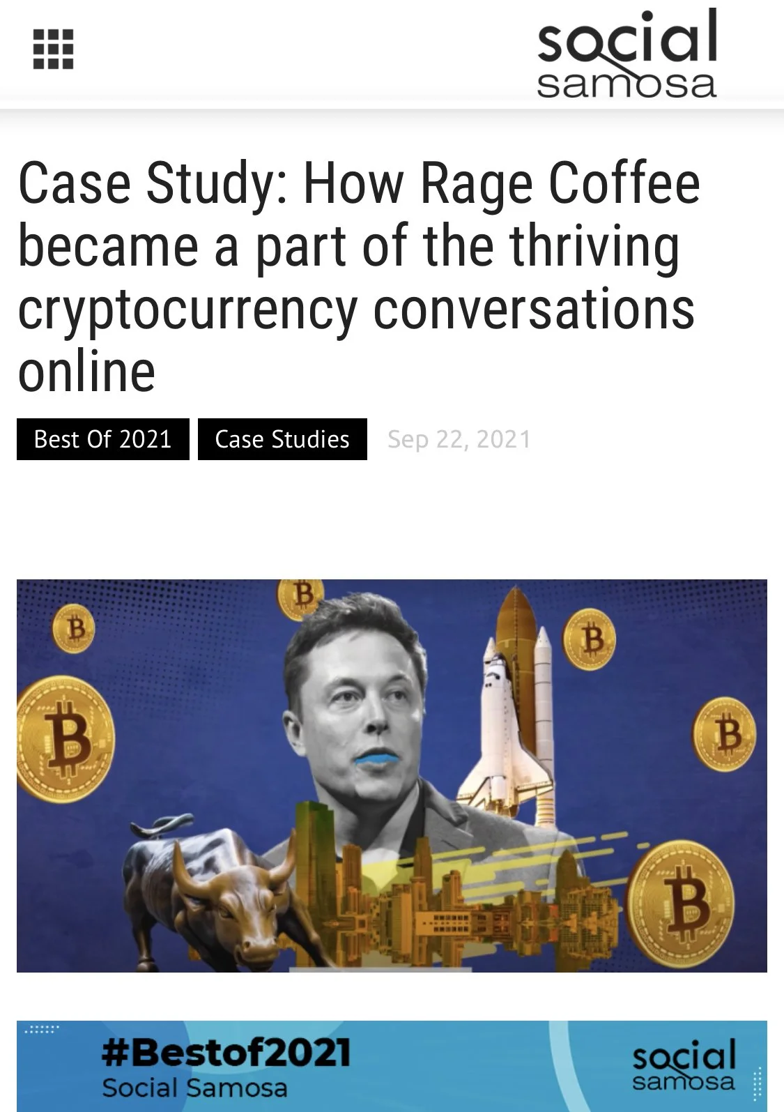 Cover image for a case study article titled 'How Rage Coffee became a part of the thriving cryptocurrency conversations online.' The image features Elon Musk's face with a blue mouth, surrounded by Bitcoin symbols, a rocket, a bull, and a cityscape w