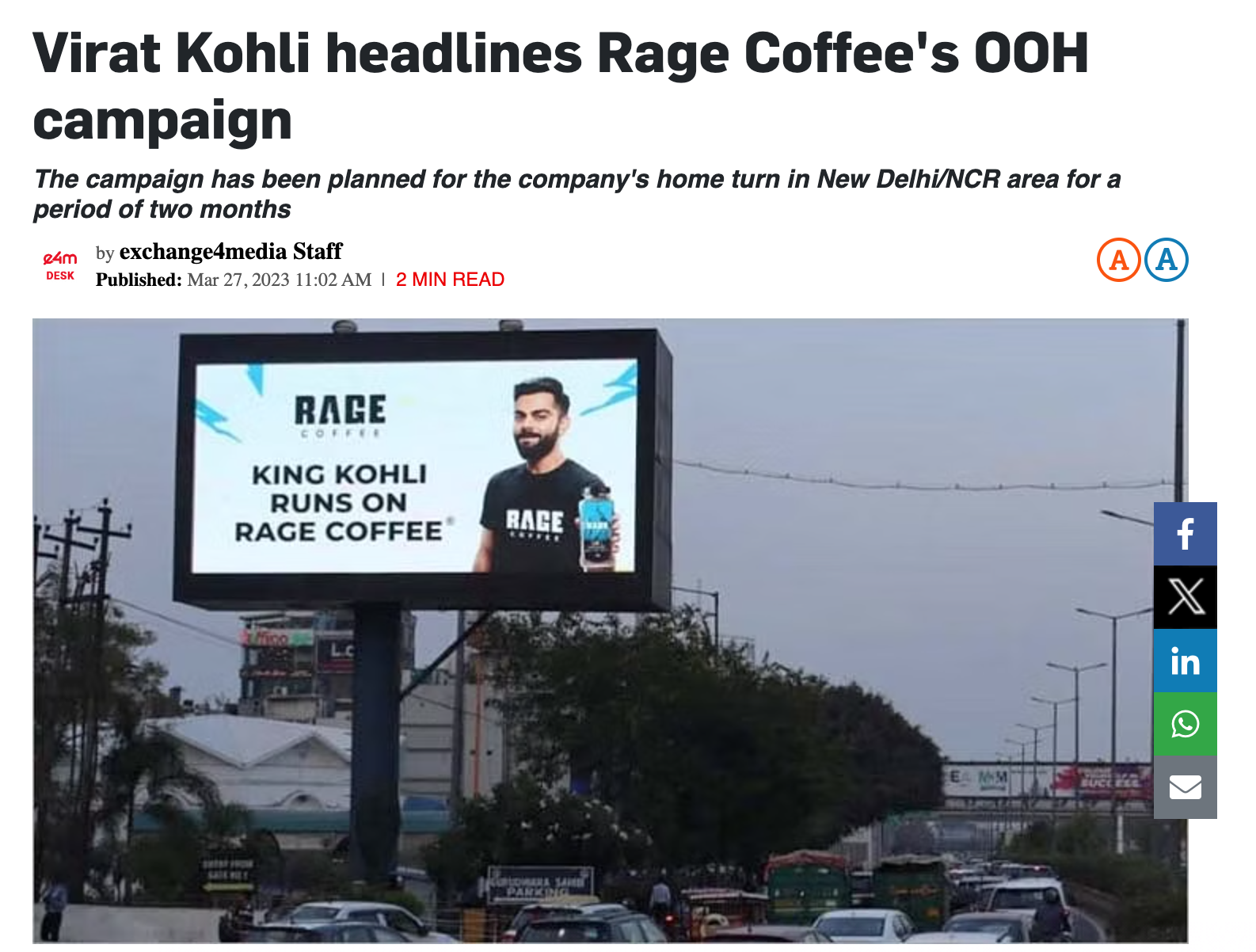 Billboard advertising Rage Coffee with a man holding a Rage Coffee bottle, surrounded by city vehicles, buildings, and streetlights under an overcast sky.