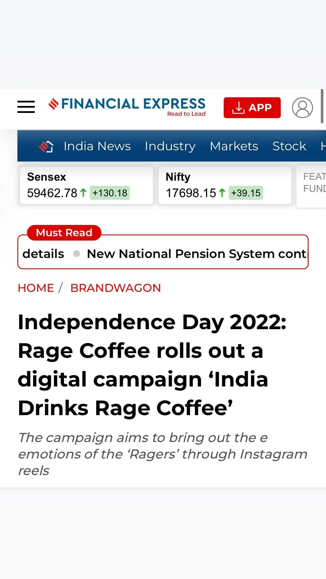 Screenshot of a financial news website showing stock indices and a news article about India's Rage Coffee launching a digital campaign for Independence Day 2022.