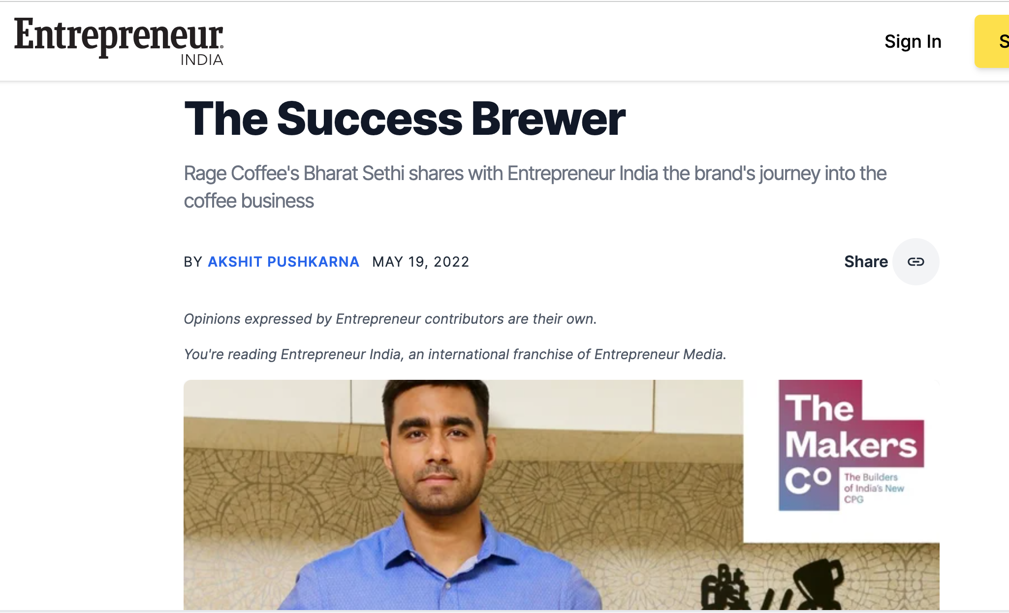Screenshot of Entrepreneur India article titled "The Success Brewer" featuring a man in a blue shirt with a decorative background and a logo that reads "The Makers Co" in purple and pink.