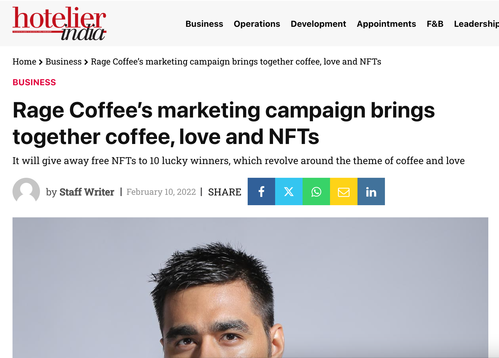 Screenshot of a webpage article titled "Rage Coffee's marketing campaign brings together coffee, love, and NFTs" with a photo of a man's face, social media sharing buttons, and a navigation menu at the top.