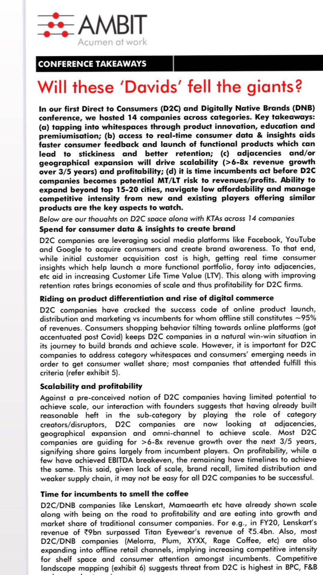 Company presentation slide titled 'Will these 'Davids' fell the giants?' discussing digital transformation strategies for D2C and DNB brands, including customer data, product differentiation, scalability, profitability, and market expansion.