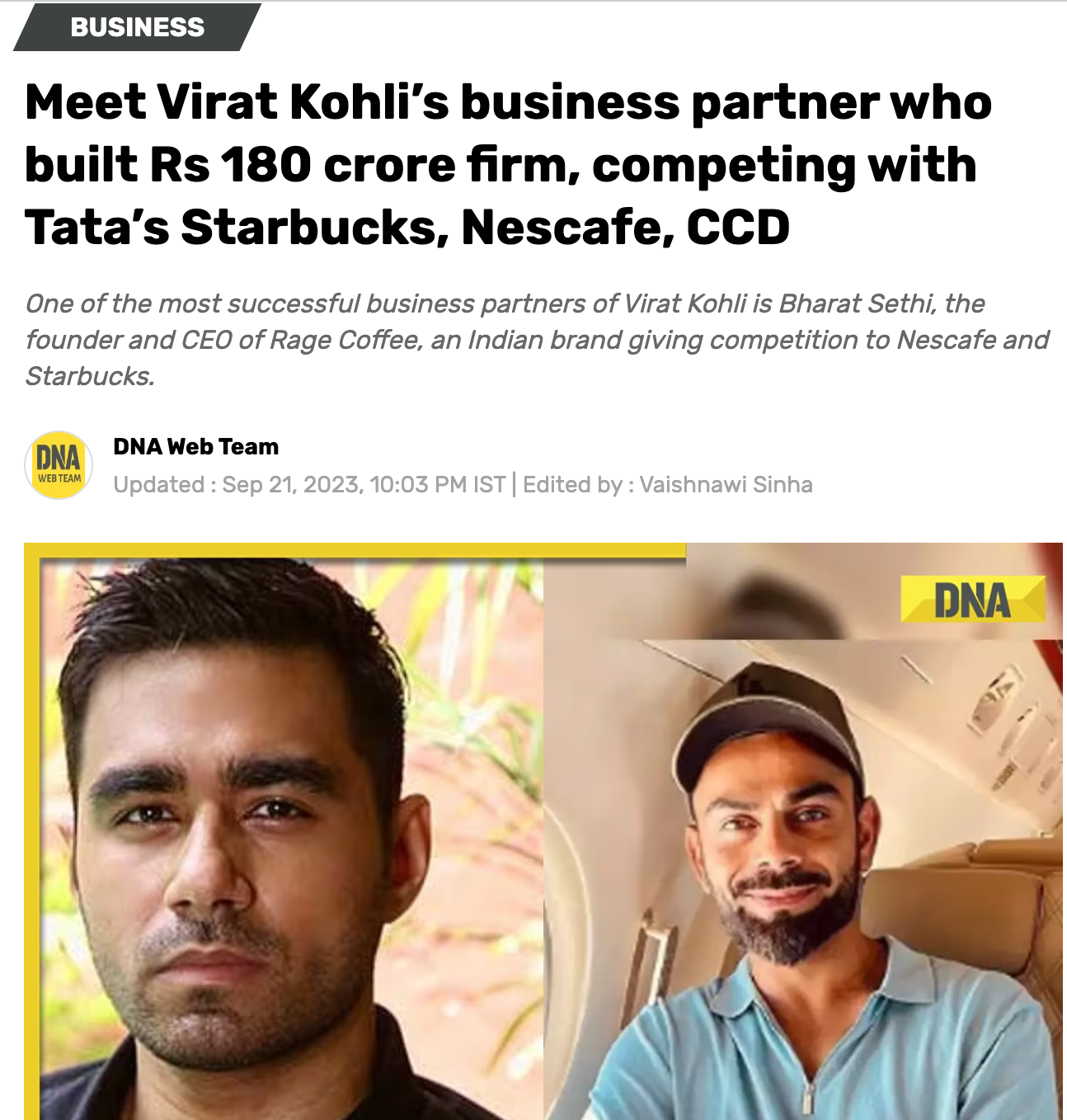 An article page featuring Virat Kohli's business partner, Bharat Sethi. The page includes a headline and two photographs of Bharat Sethi, one in a casual outdoor setting and the other inside an airplane cabin. The header indicates it is from DNA Web 
