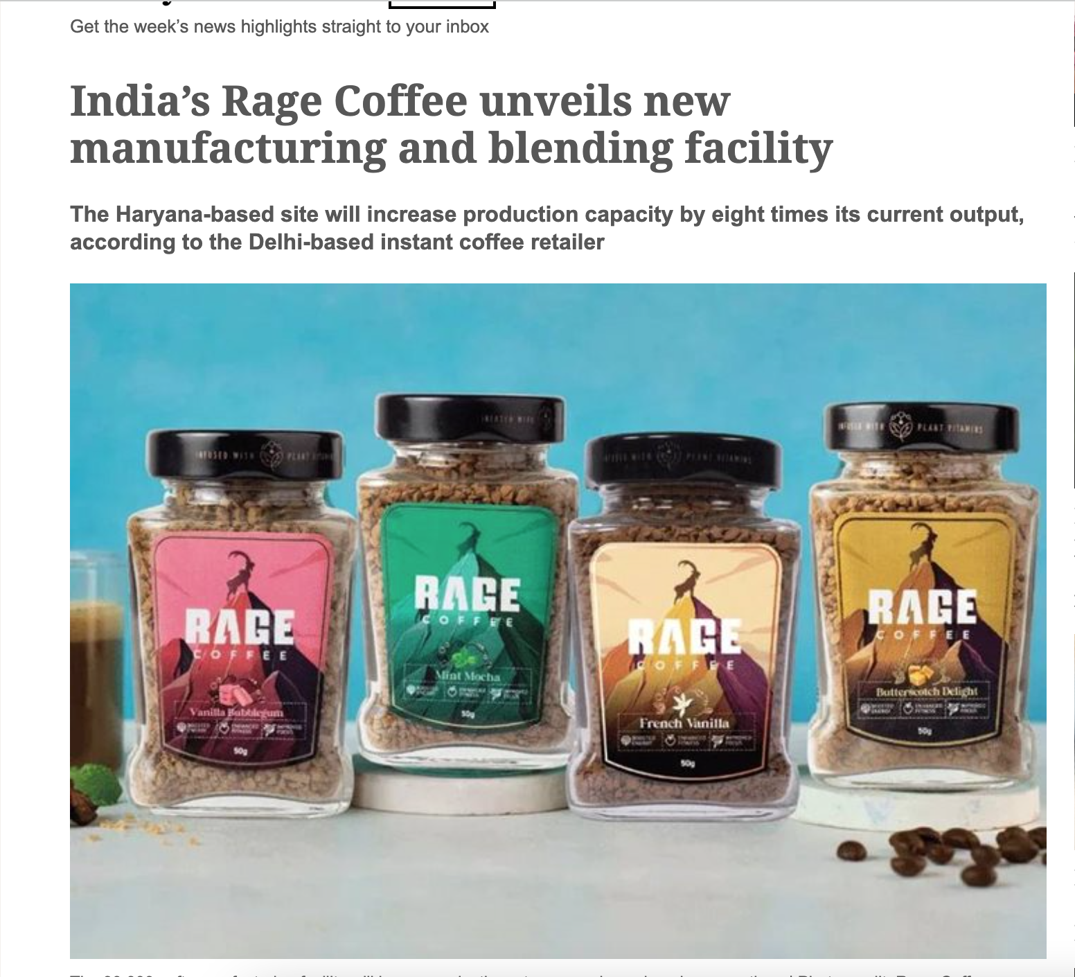 Four jars of Rage Coffee flavored instant coffee in various flavors, including Vanilla Salted Caramel, Mint Mocha, French Vanilla, and Butterscotch Delight, displayed on a white surface against a blue background.