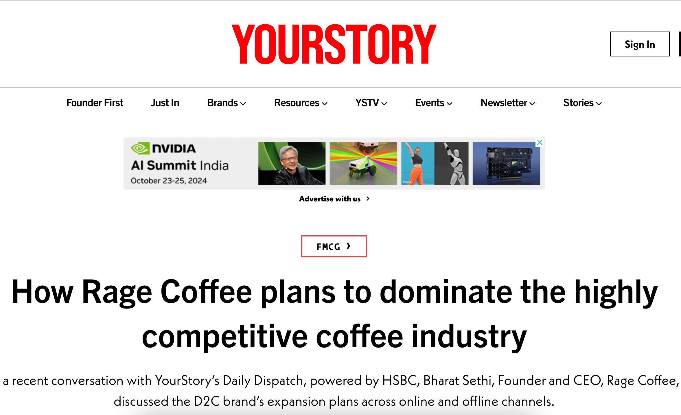 Screenshot of a webpage from YourStory with an article titled 'How Rage Coffee plans to dominate the highly competitive coffee industry.' The page includes navigation links, a sign-in button, and an advertisement for the NVIDIA AI Summit India, sched