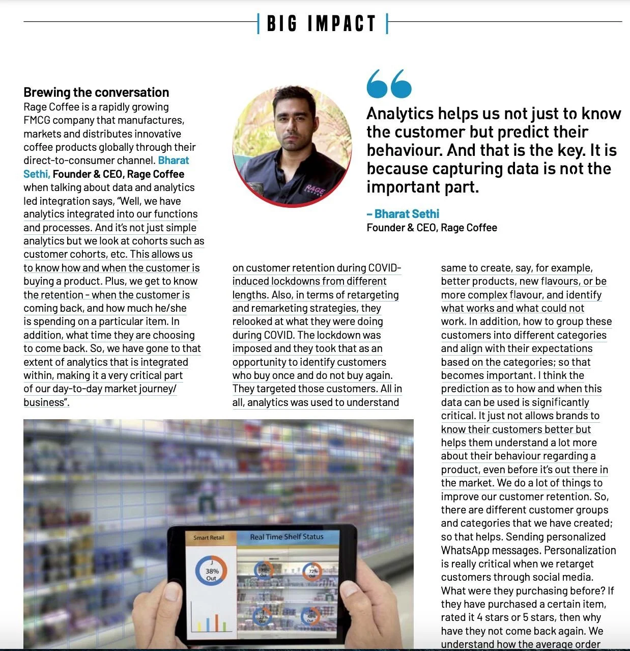 A magazine or article page featuring a photo of a man, a quote about analytics from Bharat Sethi, and a photo of a hand holding a tablet displaying retail analytics data.