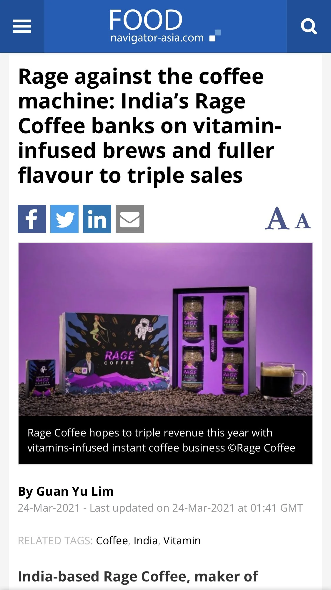 Package of Rage Coffee with four jars of vitamin-infused coffee and a mug of coffee beside it, set against a purple background.
