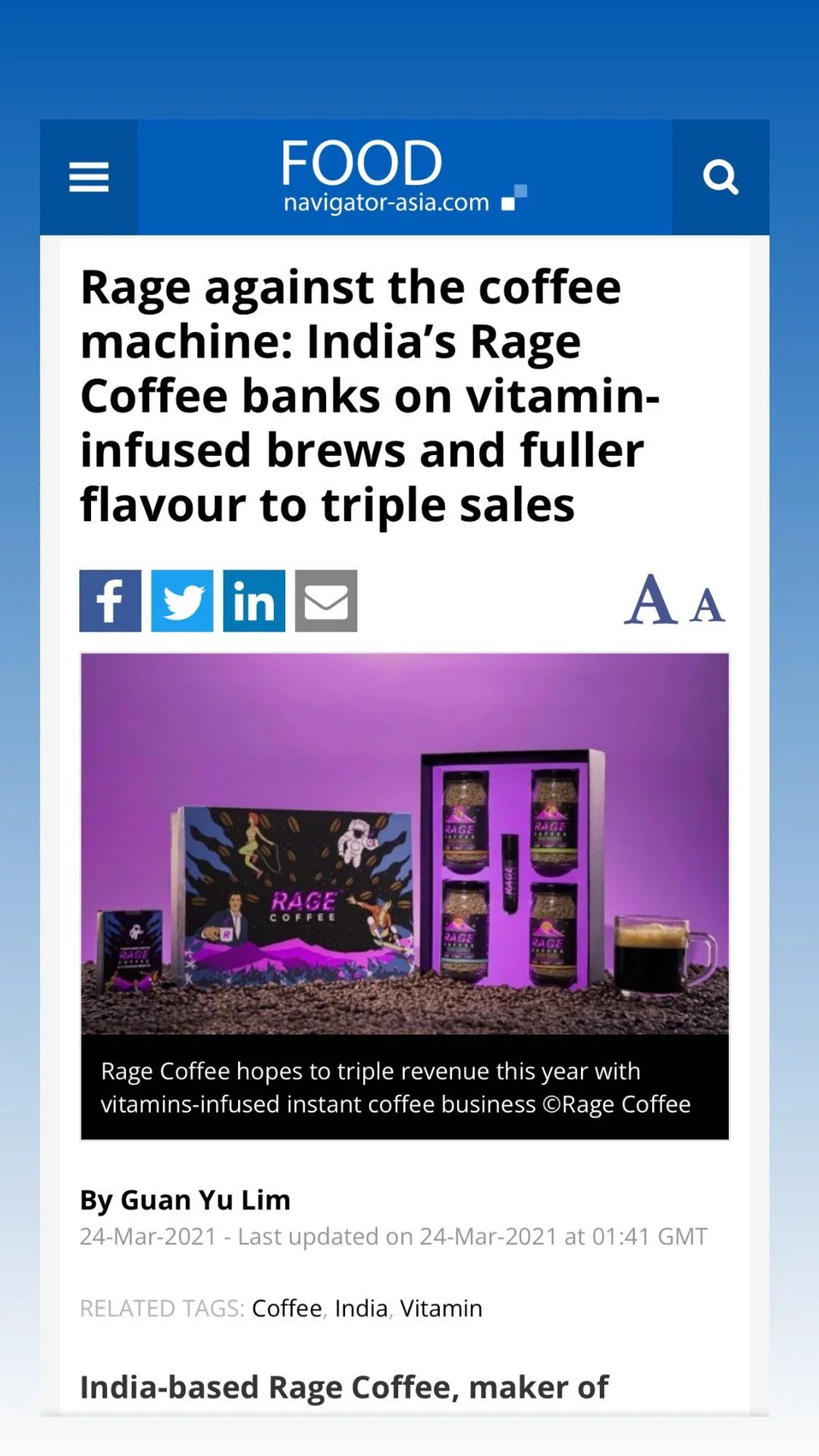 A webpage about Rage Coffee, an Indian coffee brand known for vitamin-infused brews, featuring an image of coffee jars, a boxed set, and a cup of dark coffee with a frothy top, set against a purple-lit background.