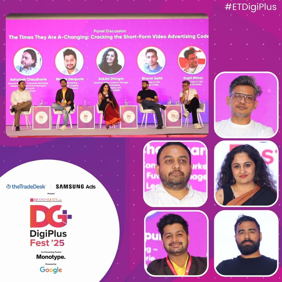 Panel discussion at DigiPlus Fest 2025 with five speakers on stage, including Ashutosh Chaudharie, Bhashin Devpura, Sakshi Dhingra, Bharat Sethi, and Kapil Mittal, discussing the topic 'The Times They Are A-Changing: Cracking the Short-Form Video Adv