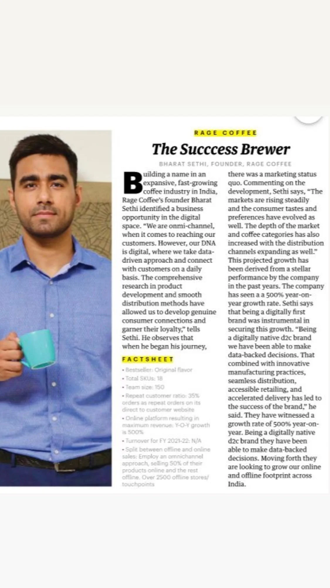 Profile photo of Bharat Sethi holding a coffee mug, next to an article about his success story with Rage Coffee.