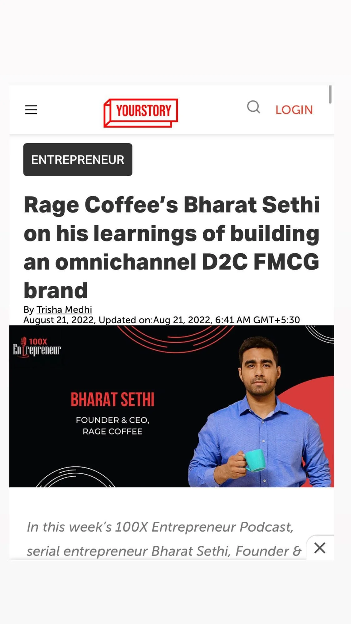 Screenshot of a web article featuring Bharat Sethi, Founder and CEO of Rage Coffee, holding a blue coffee mug.