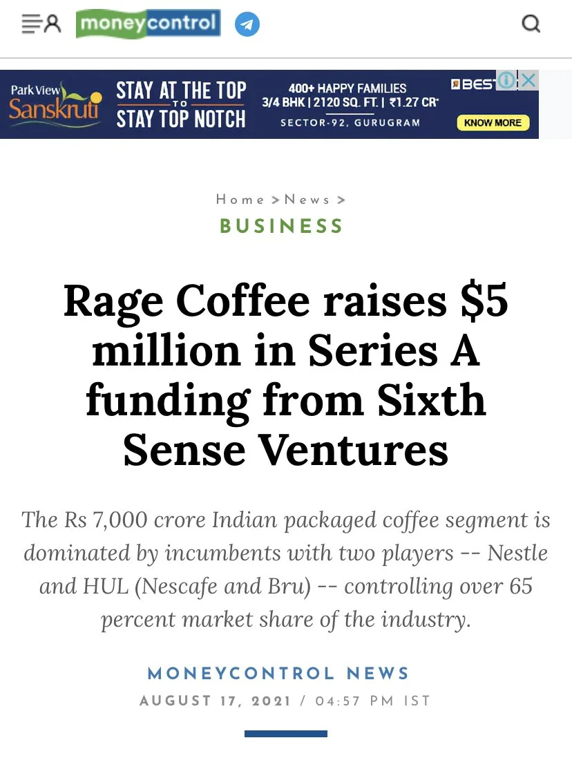 Screenshot of a news article webpage with the headline "Rage Coffee raises $5 million in Series A funding from Sixth Sense Ventures," published on August 17, 2021, at 4:57 PM IST, under the Business section.