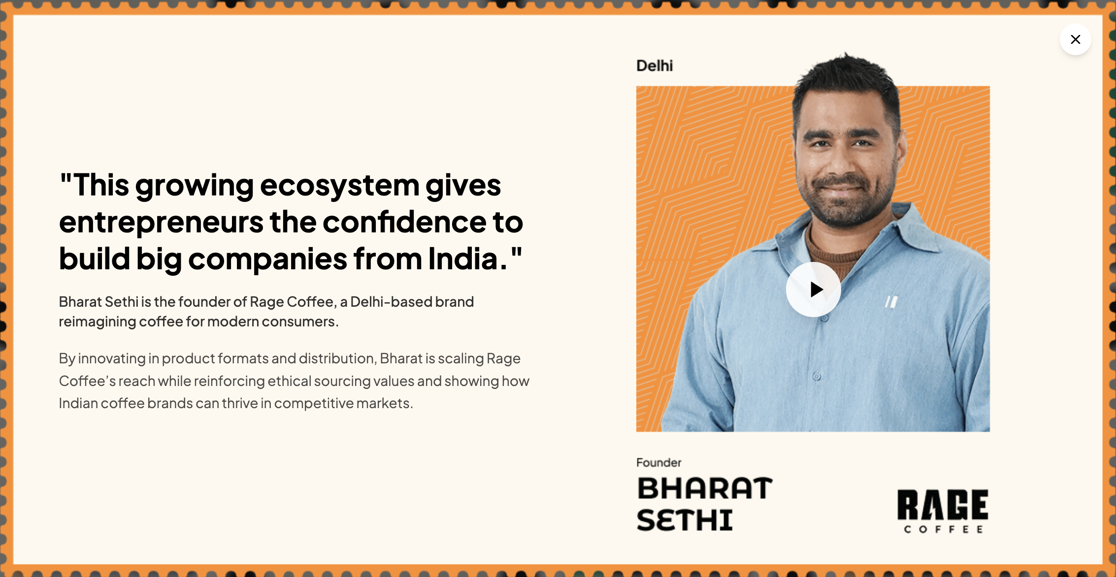 A man with a beard and dark hair, wearing a light blue shirt, smiling for the camera against an orange background with a geometric pattern, is pictured next to text about Indian entrepreneurship and a coffee brand.