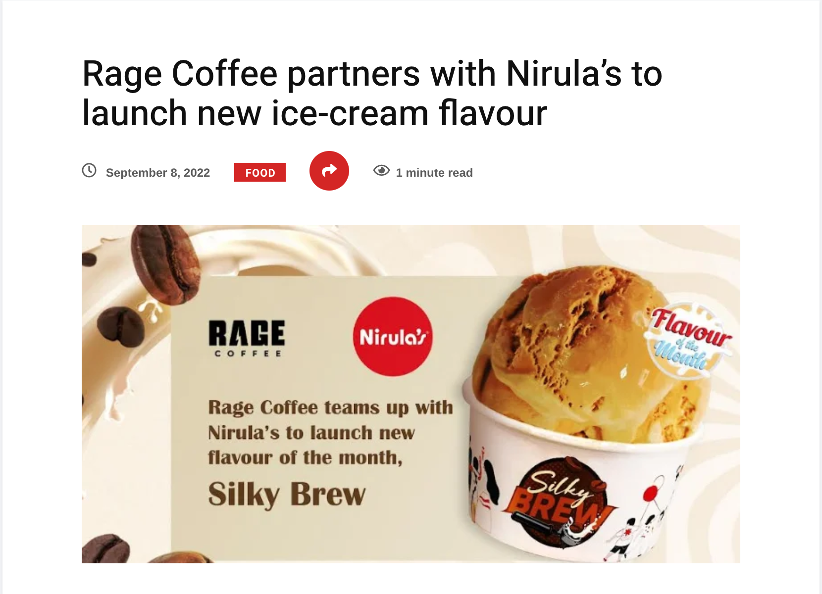 A promotional image shows Nirula's new ice-cream flavor called Silky Brew, a collaboration with Rage Coffee, in a paper cup with ice cream and a scoop of coffee-flavored ice cream. The cup has the Rage Coffee logo and the word "Silky Brew" with coffe