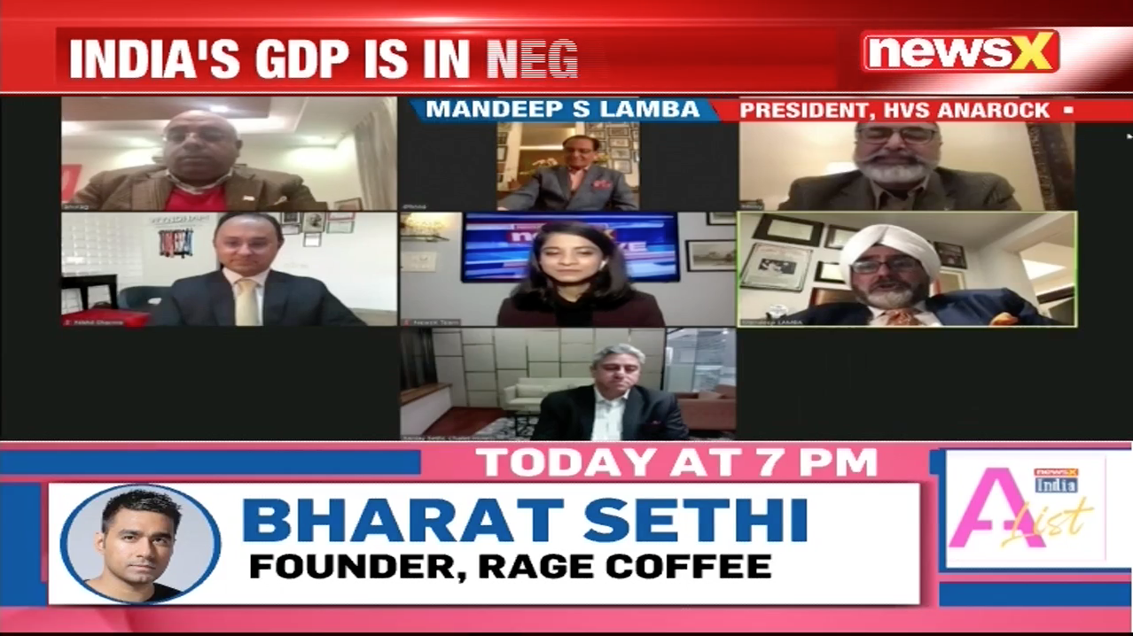 Screenshot of a television news program with multiple speakers on a virtual panel discussing India's GDP, featuring a banner with information about the show and guest Bharat Sethi, founder of Rage Coffee.
