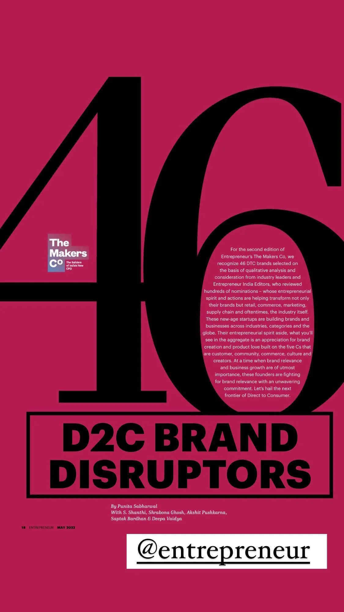 Cover page of a magazine or report with large black number 40 and 16 over a red background, titled 'D2C Brand Disruptors,' featuring text about industry leaders, entrepreneurs, and brand relevance, and a white box with '@entrepreneur' at the bottom.