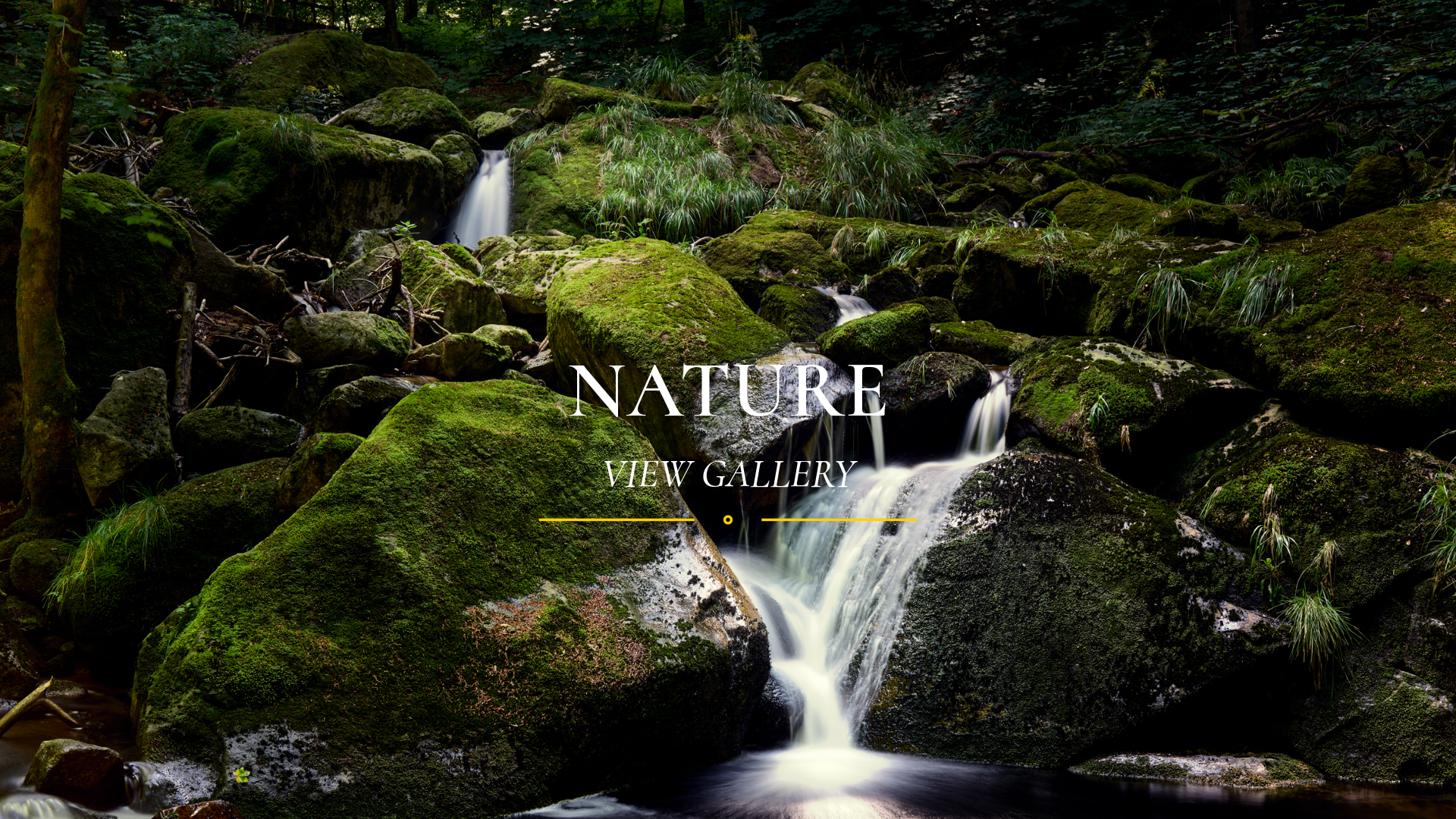 Ein Wasserfall, der über moosbedeckte Steine in einem grünen Wald fließt, mit Text "NATUR VIEW GALLERY".