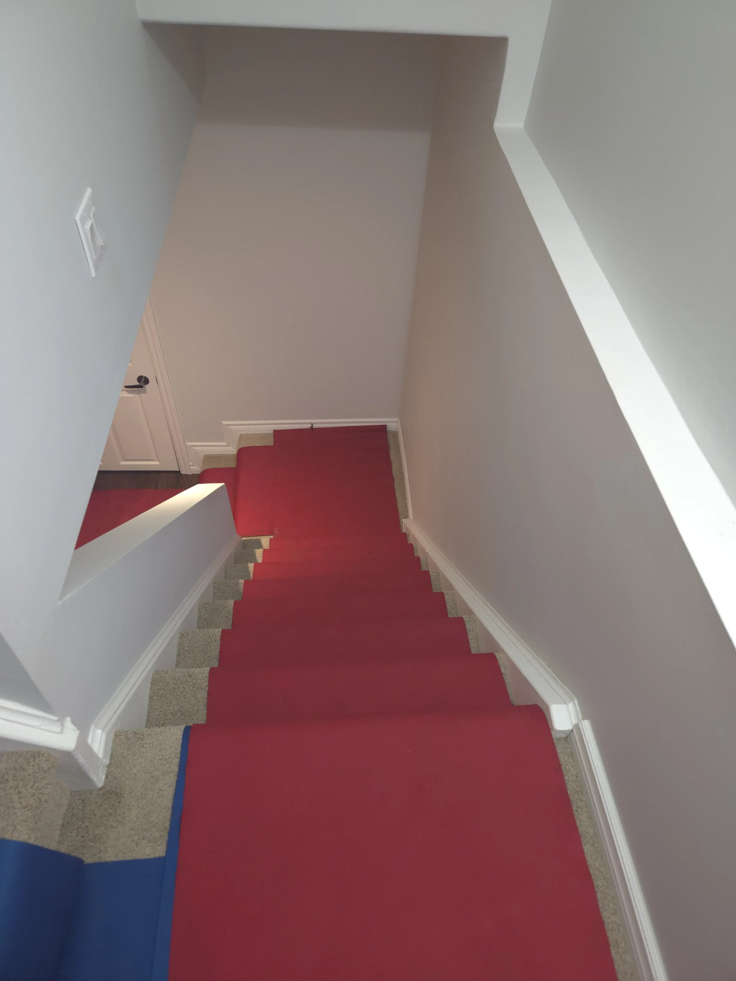 Interior view of a staircase from the top, red carpeted stairs with a blue protective covering at the top, beige carpeted steps, white walls with baseboards, a door at the bottom, and a wall switch on the left.