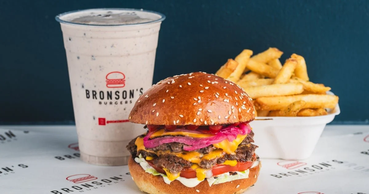 Bronson Burgers meal with burger, fries and milkshake.
