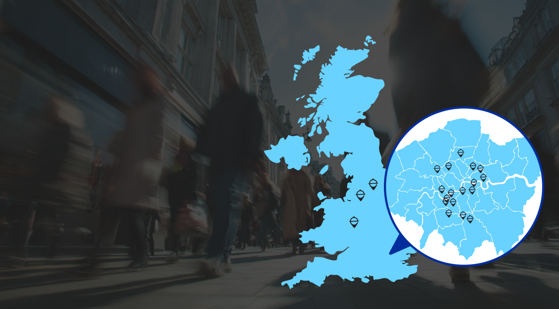 Map of Encore Kitchens' dark kitchen locations across the UK, with a close-up of its London network