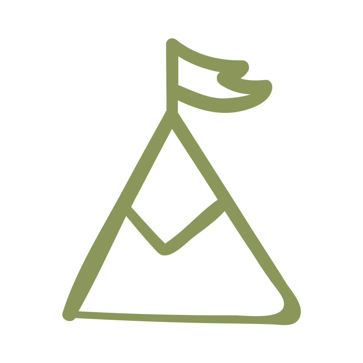A simple, abstract icon of a mountain with a flag on top, depicted in green outline.