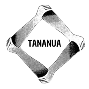 A square-shaped mirror with rounded corners, reflecting the word 'TANANUA' in black text.