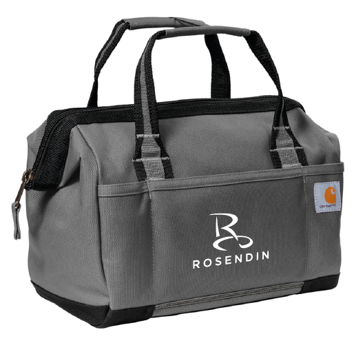 Gray RosenDin branded soft-sided bag with black handles and a front pocket, featuring a Carhartt logo on the right side.