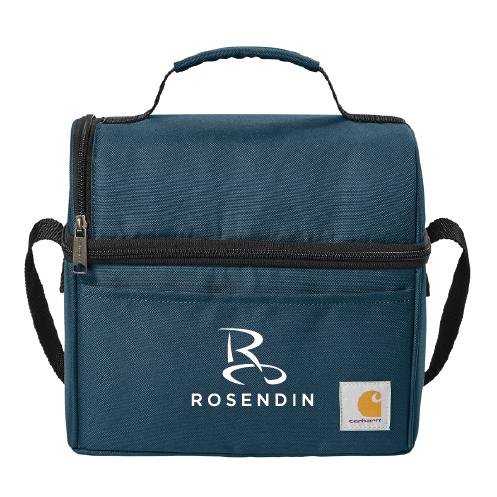 Blue insulated lunch bag with a black zipper and handle, displaying the Rosendin and Carhartt logos.